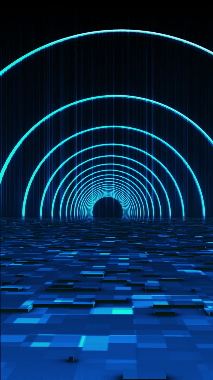 Blue neon arc tunnel background with glowing rings tiled digital floor and deep futuristic passage