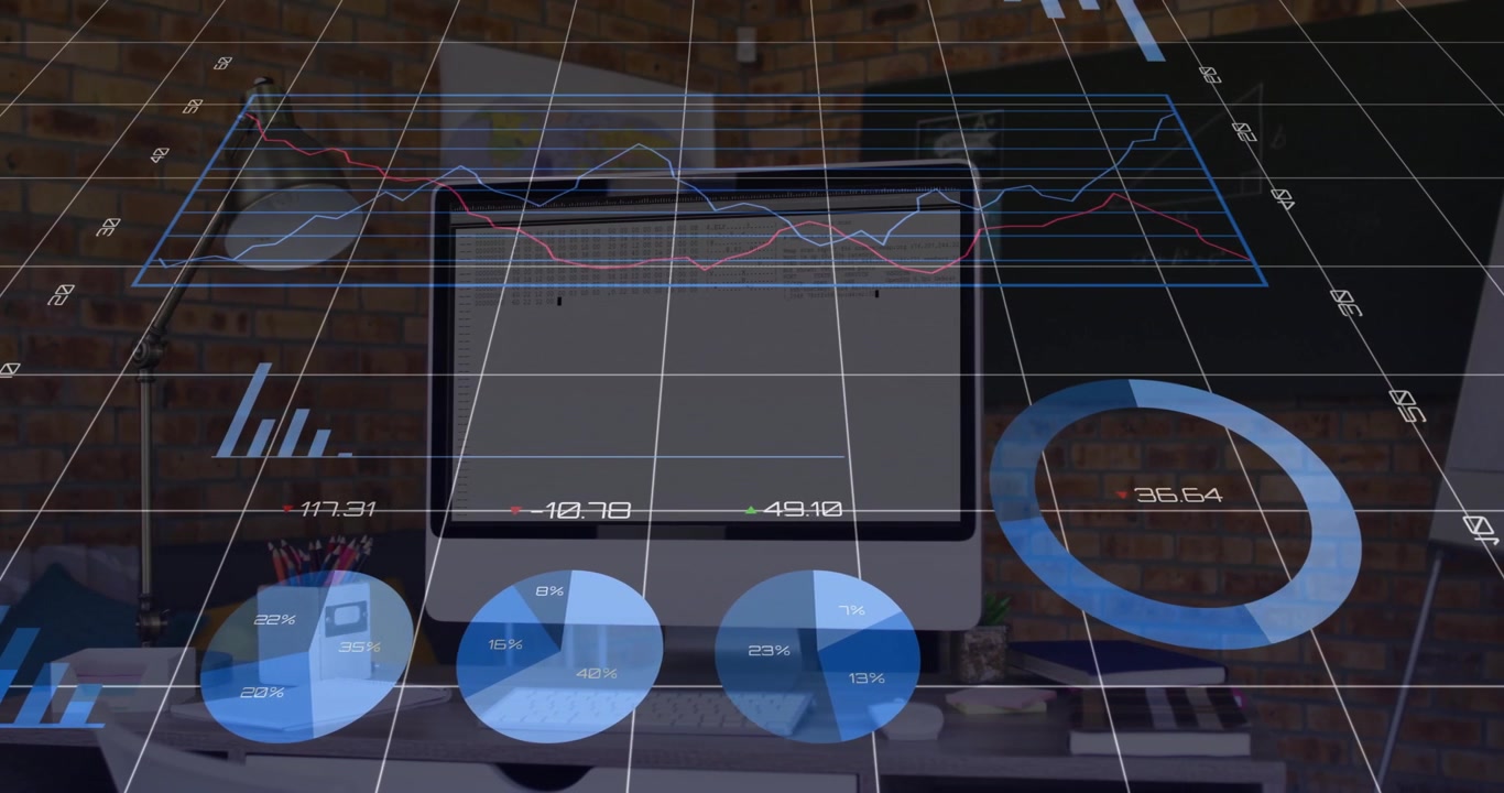 Translucent 3D grid fading in initiating bar, pie, line and ring charts animating data then fading