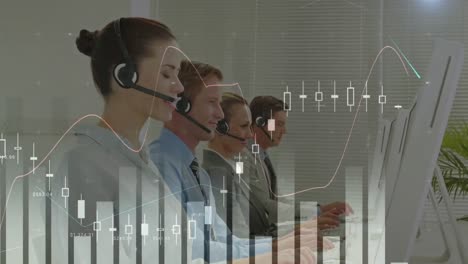 Animation-of-statistics-recording-over-business-people-using-phone-headsets