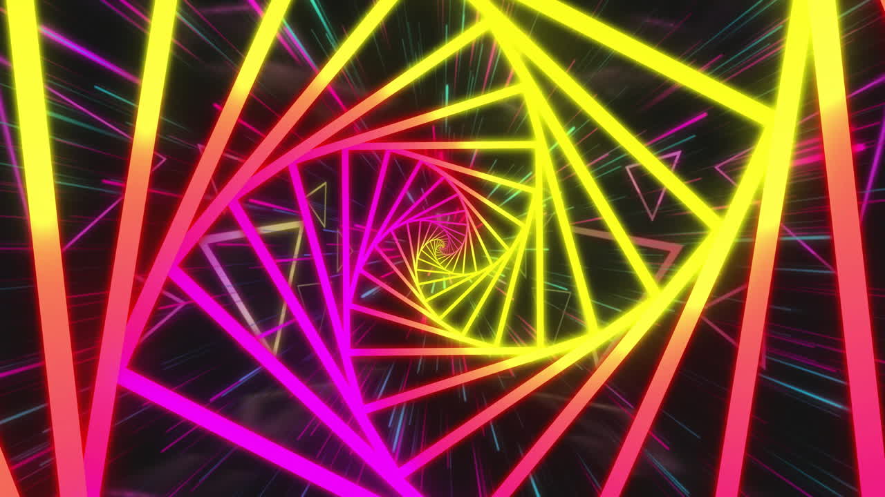 Creating animation, colorful neon spiral of geometric shapes forming hypnotic tunnel