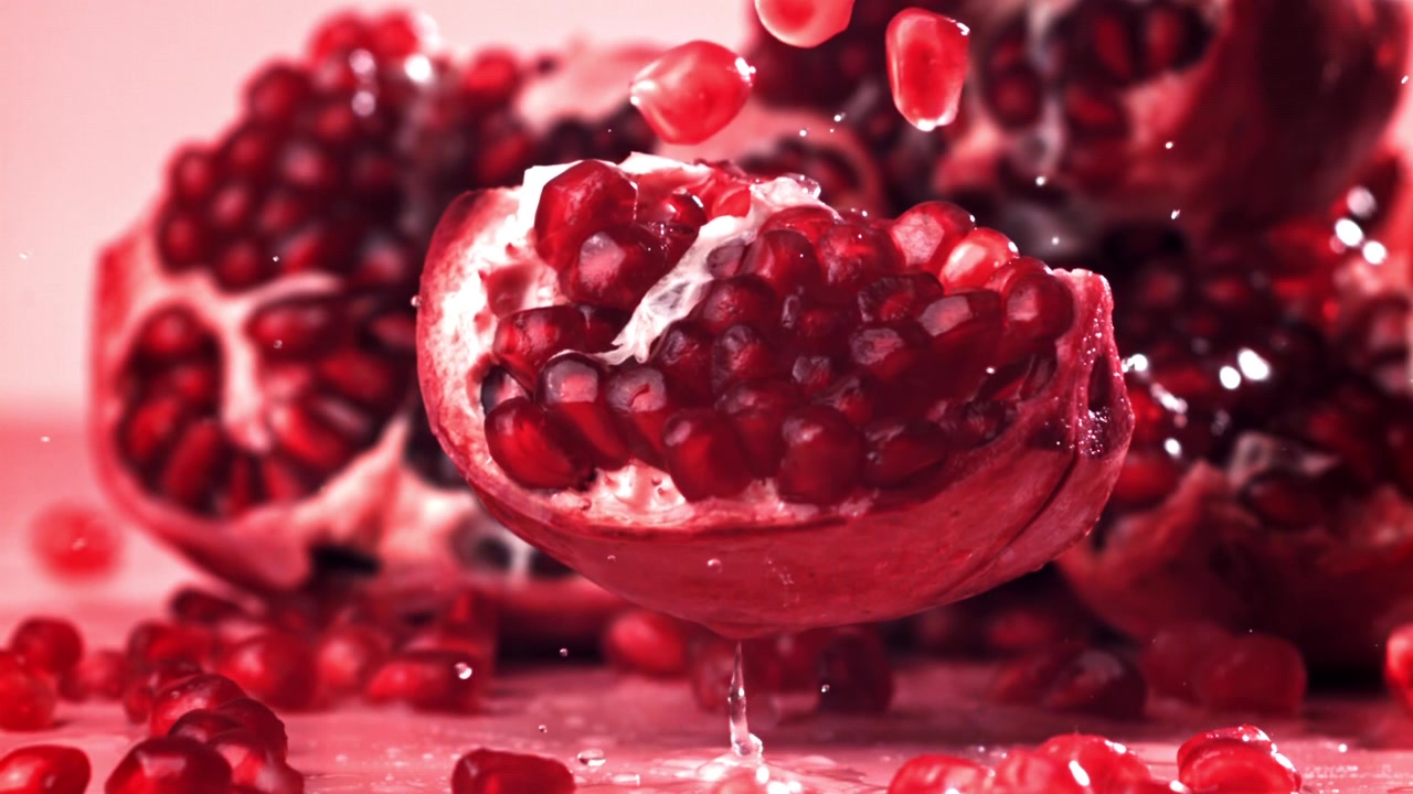 Nærbillede af granatæblekerner, der falder i slowmotion