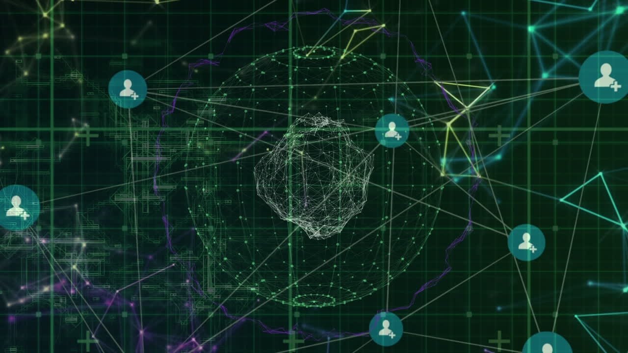 animación de la red de conexiones con iconos sobre el globo y la cuadrícula