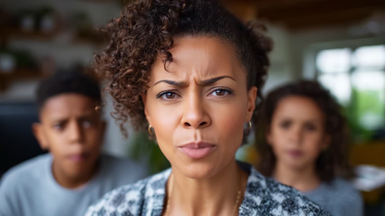 An Intense Moment of Concern: A Woman Reacts with Surprise and Frustration as Two Children Display Confusion and Curiosity in a Domestic Setting