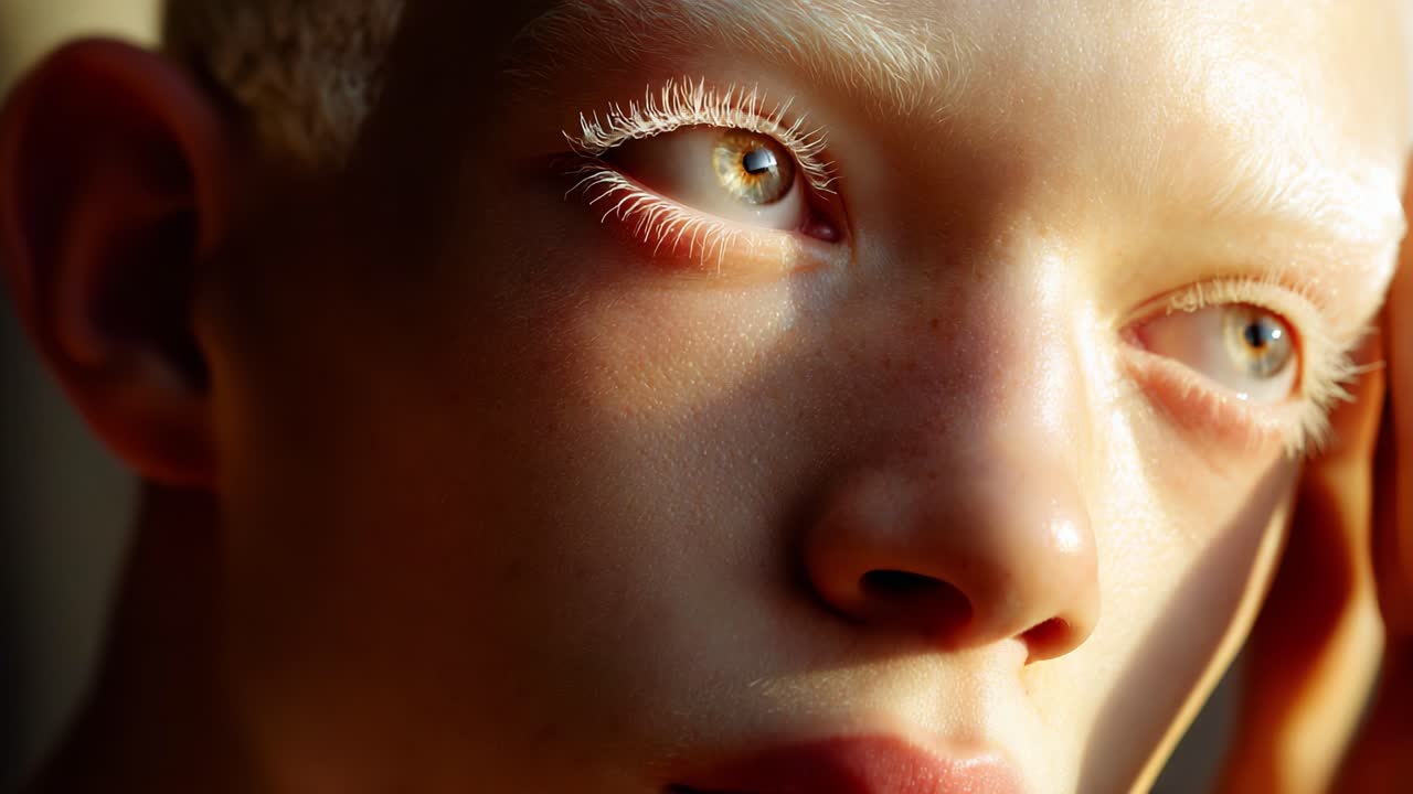 Intimate Portrait of a Young Individual with Unique Features Capturing Light and Emotions in a Soft, Dreamy Environment, Highlighting the Beauty of Imperfection and Individuality