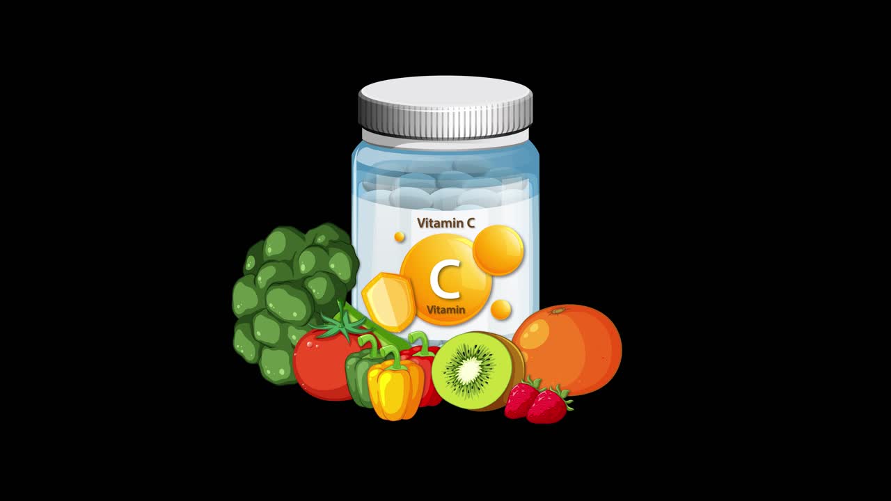Vitamin C bottle appears with assorted fruits and vegetables, smooth transitions, black background, vibrant colors