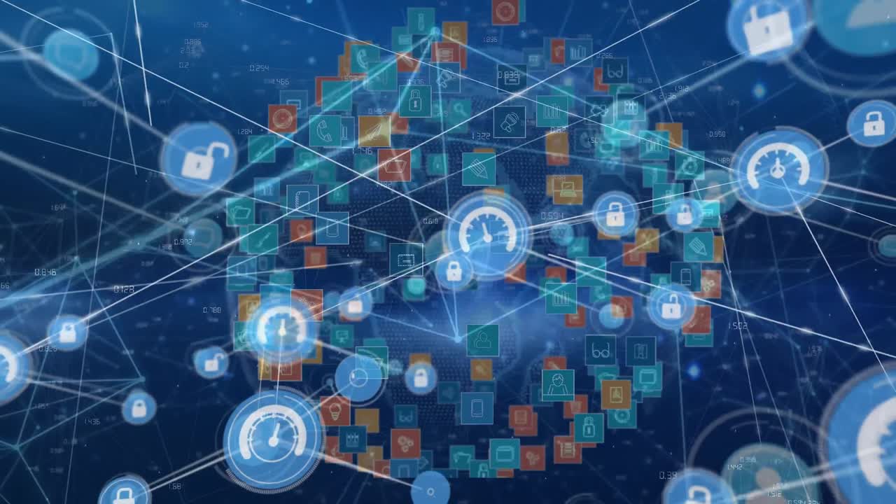 Animation of network of padlock and processing icons transferring data on blue background