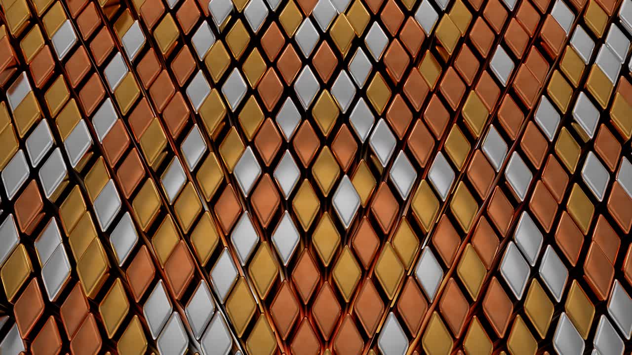 azulejos de forma metálica de diamantes de oro, plata y bronce rombos abstractos - animación de fondo de movimiento de bucle sin costuras de 4k