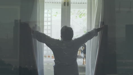 opening curtains, person revealing bright outdoor patio with dog in background