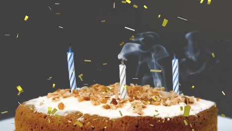 Animation-of-confetti-falling-over-candles-on-birthday-cake