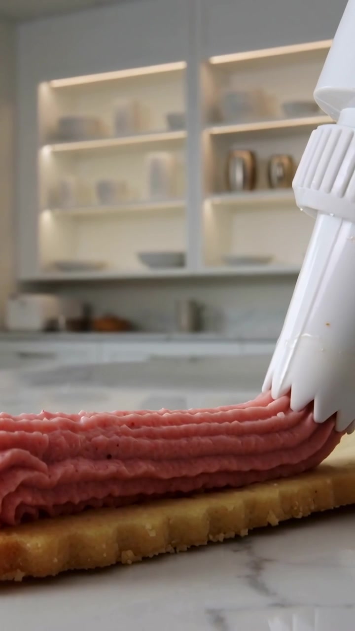 Vertical video: Applying pressure, white tip extruding pink frosting decorating cookie in kitchen