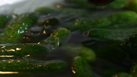 cucumbers float in a bowl full of water, they are stirred with a spoon