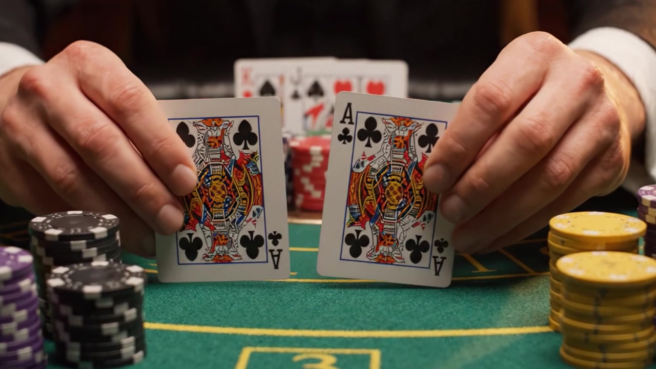 Intensa azione da casinò: un primo piano di gioco di carte strategico e fiches impilate a un tavolo da gioco che mostra le alte poste e la tensione dei giocatori.