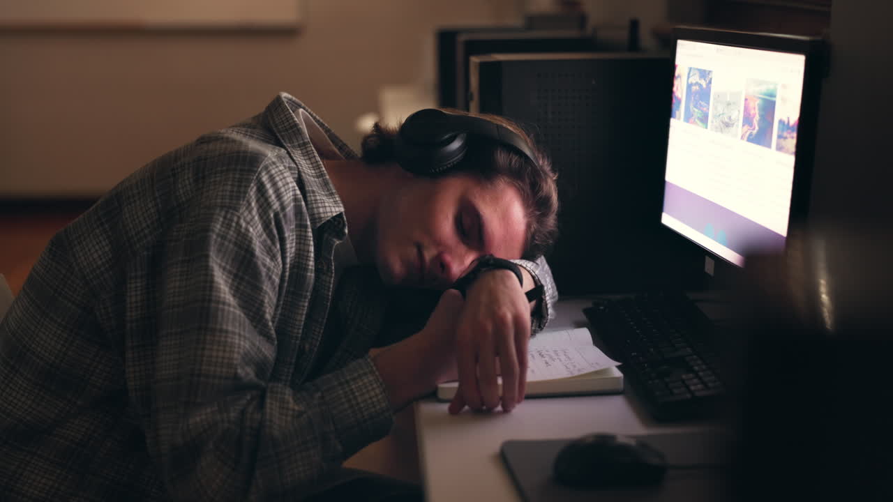 Desk, sleeping student and man on headphones