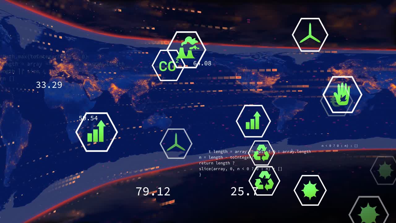 검은색 배경의 세계 지도 위에 아이콘으로 데이터 처리의 애니메이션