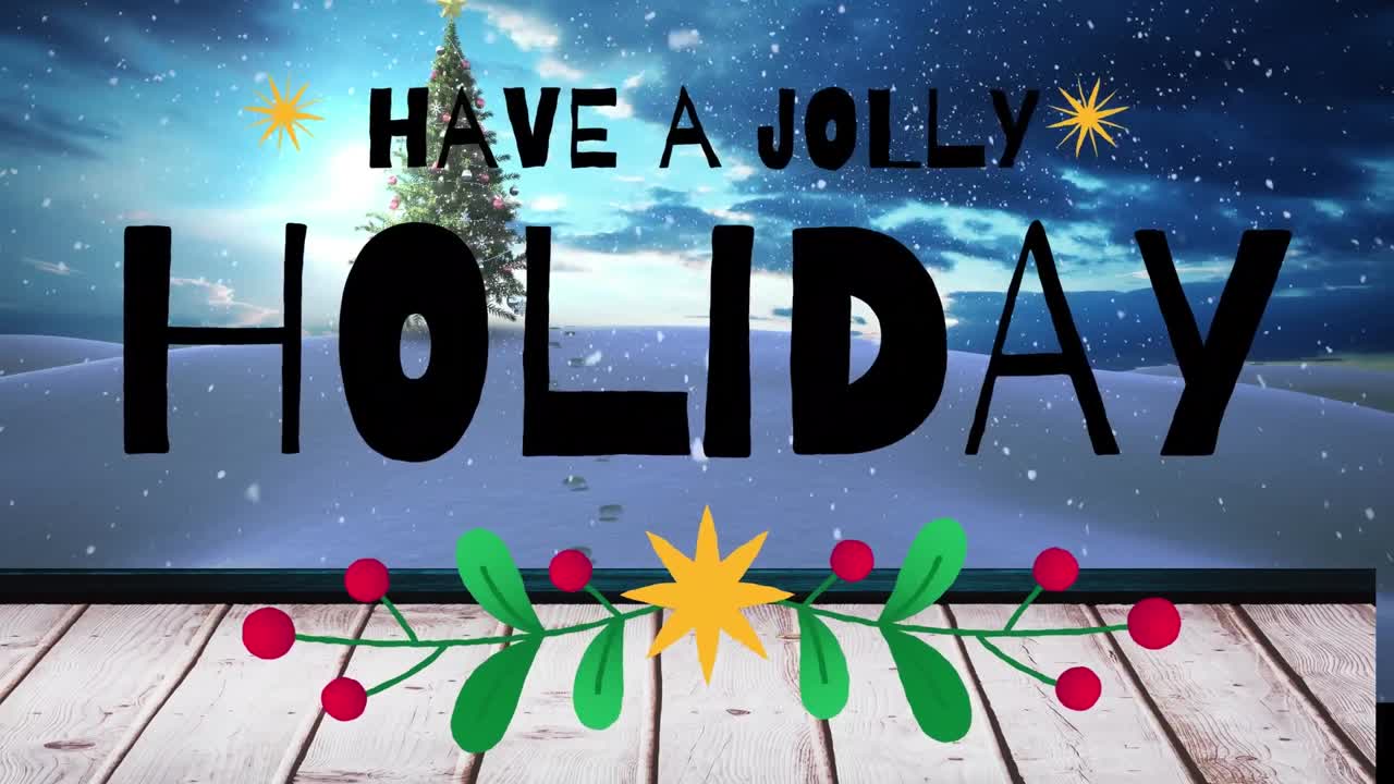 animación de tener un texto de vacaciones alegre sobre una tabla de madera contra el árbol de navidad en el paisaje de invierno.