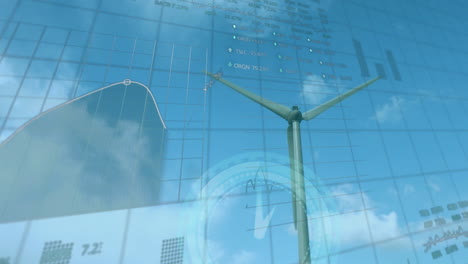 wind turbine and data graphs over blue sky with clouds animation