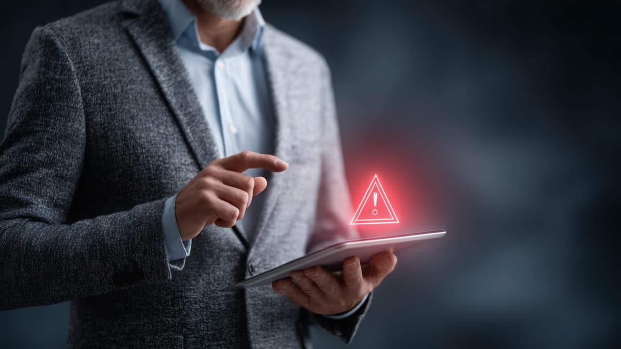 A business professional interacts with a tablet device displaying a cautionary alert symbol, emphasizing the importance of security and awareness in digital technology