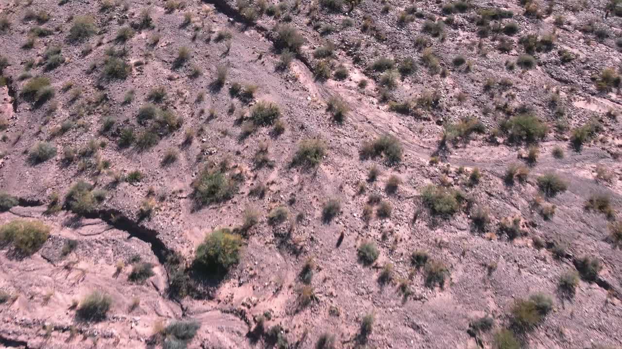 volando sobre rocas salvajes de purmamarca, llenas de hierbas verdes, norte de argentina