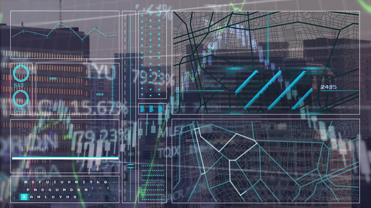 animazione dell'elaborazione dei dati finanziari sul paesaggio urbano