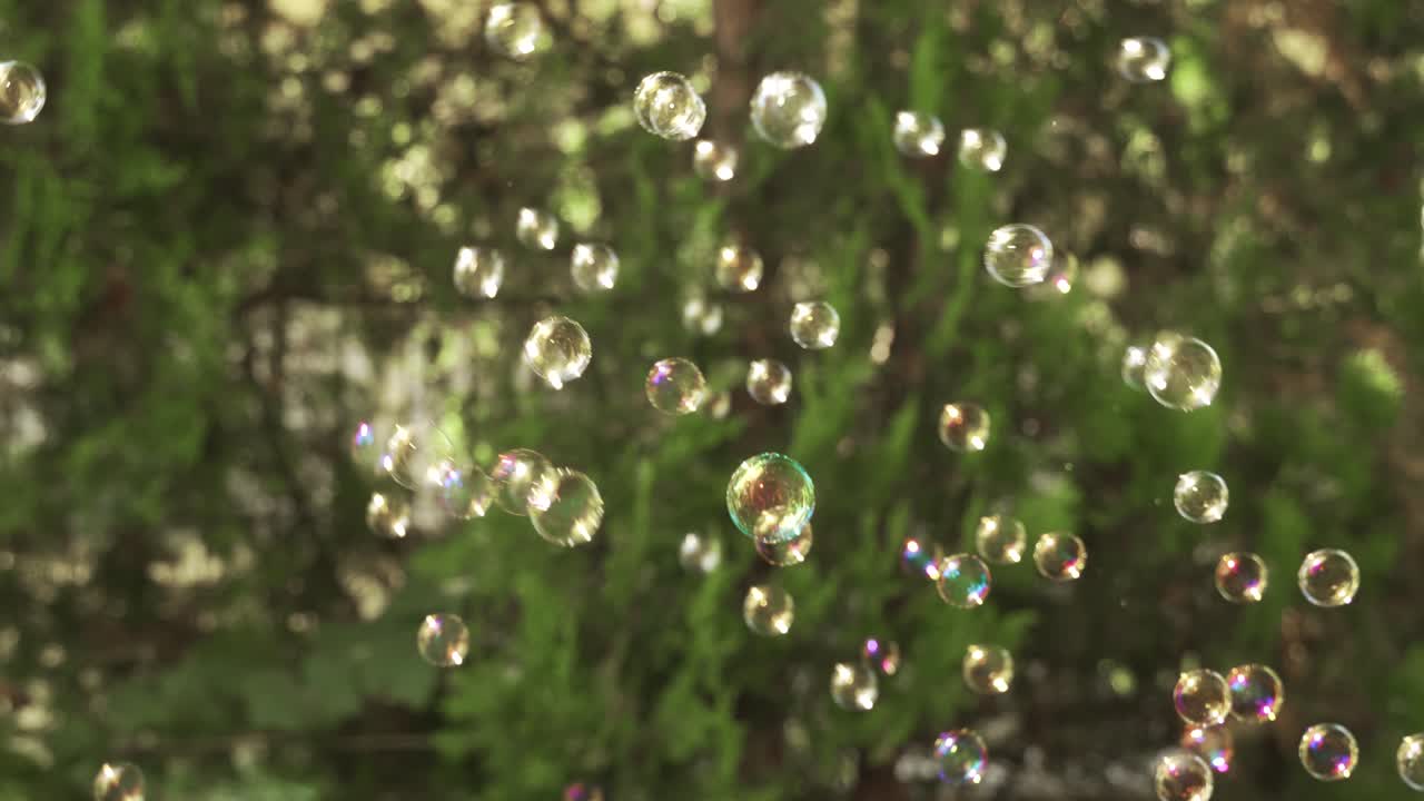 작은 다채로운 거품이 공기 중에 퍼지고 터지며 공간을 복사합니다.