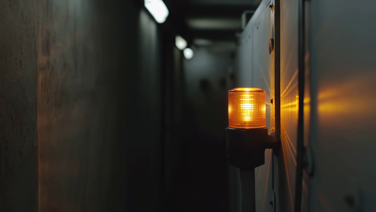 Vista de perto mostra uma lâmpada de sinal âmbar alternando entre estados claro e escuro ao lado de um armário de metal, com luz refletida quente contrastando com a passagem estreita e sombria