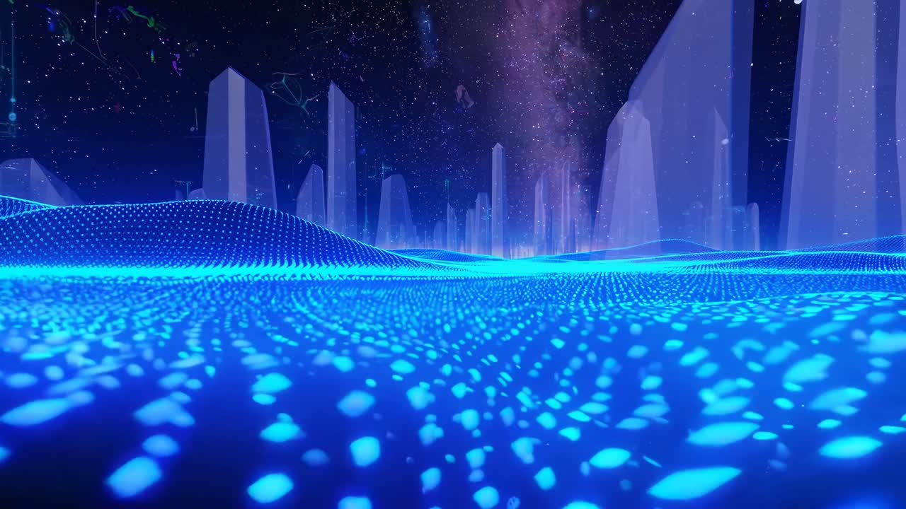 Futuristic digital landscape with glowing grids, low-angle view, perfect for a sci-fi video