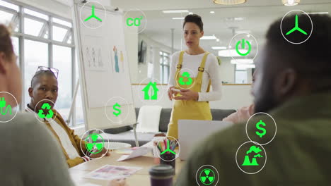 animación de iconos verdes de sostenibilidad sobre un equipo de negocios diverso en una reunión