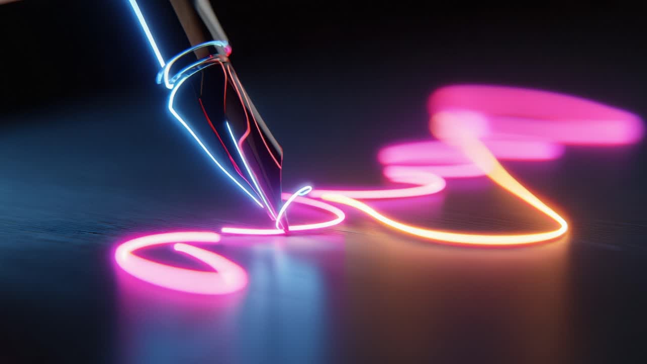 Luminous fountain pen nib drawing a single, continuous, glowing line with vibrant pink, orange, and blue neon lights on a reflective dark surface in a futuristic and creative animation