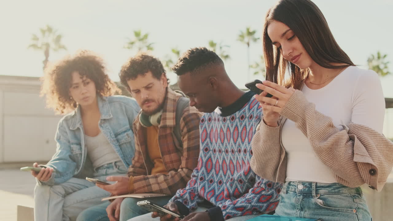 Gruppe junger Erwachsener, die Smartphones im Freien benutzen