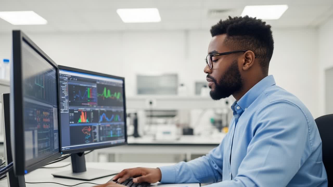 Focused Professional Analyzing Data and Visualizations on Dual Monitors in a Modern Laboratory Setting, Capturing the Concentration and Precision of the Task