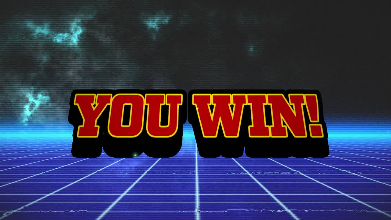 당신이 승리하는 빨간 텍스트의 애니메이션, 빛나는 파란색 지평선과 구름과 그리드와 함께 폭발