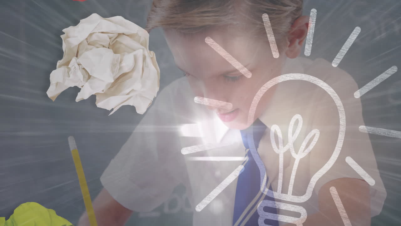 배경에서 수업에서 글을 쓰는 학생 위에 켜진 전구의 애니메이션