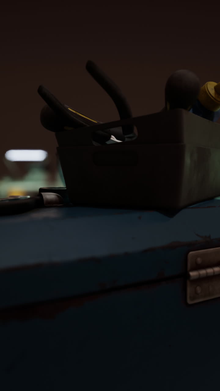 Close up of a toolbox full of tools on a blue workbench