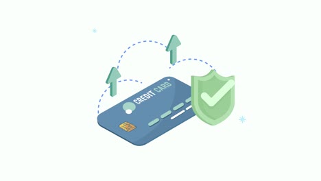 financial economy animation with credit card and shield