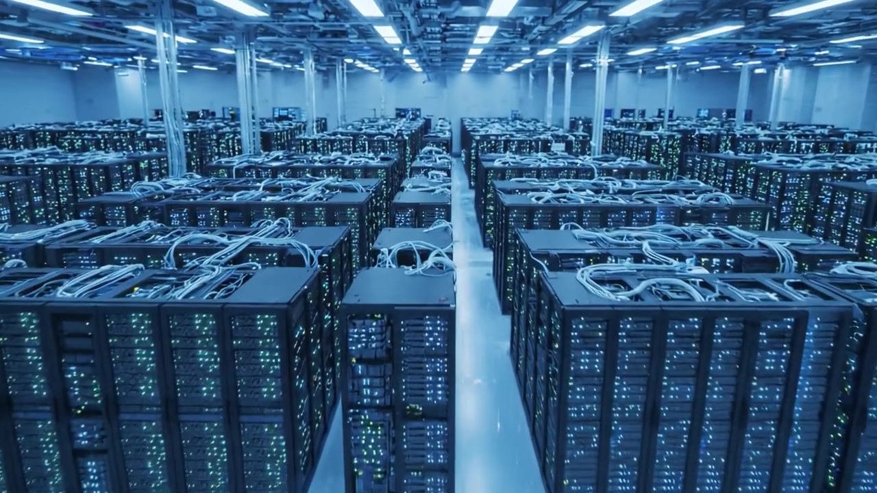 A Vast Server Room Filled with High-Tech Data Centers Showcasing Advanced Networking Equipment and Illuminated Server Racks in a Modern Infrastructure Environment
