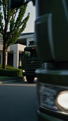 military truck on residential street