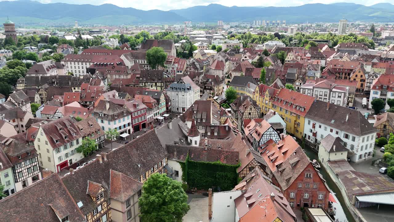 Colmar France old town centre drone, aerial low pan 4K footage