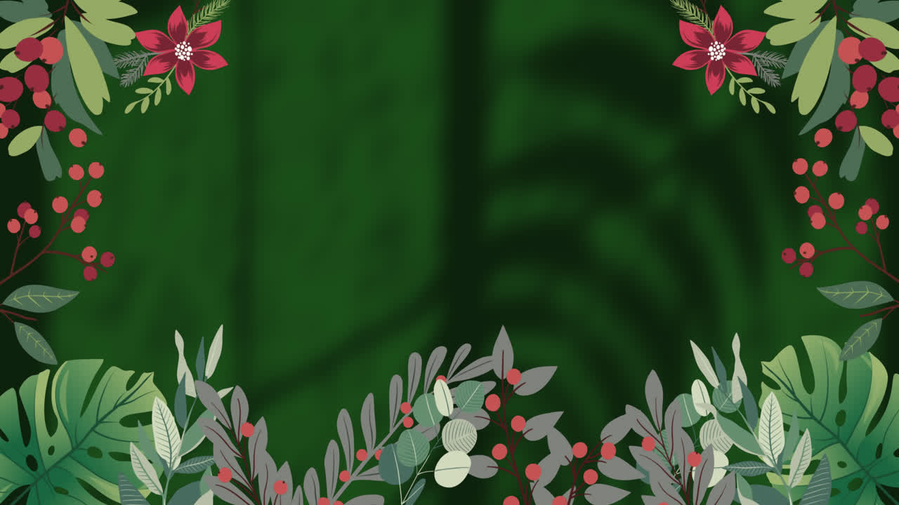Animation of flowers over leaves and window shadow on green background
