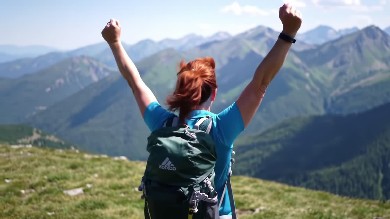 A Hiker's Triumph: Celebrating Achievement on a Mountain Trail with Breathtaking Views of Nature's Splendor all Around