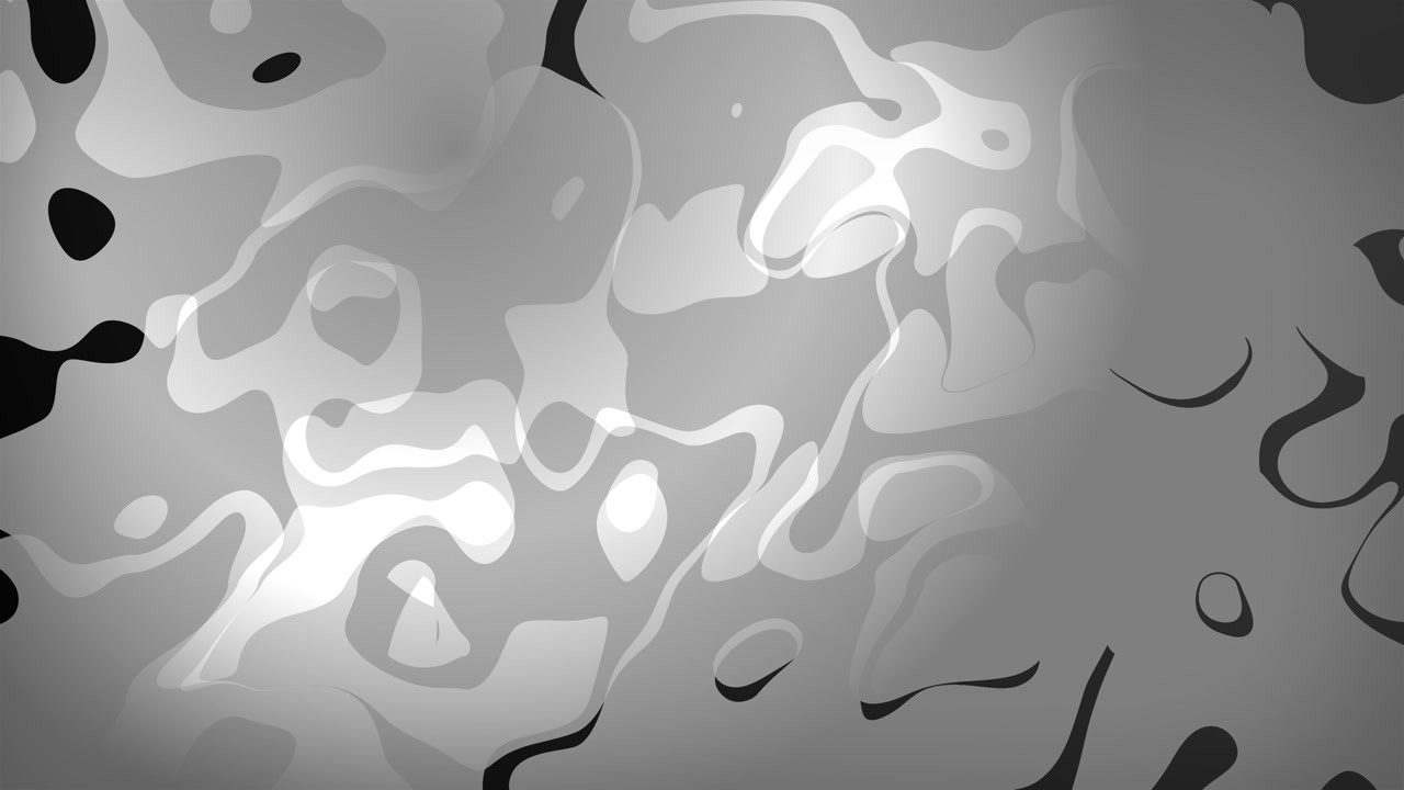 2D animierter Hintergrund aus fließenden abstrakten Flüssigkeitsklumpen und geschichteten, sich verändernden flüssigen Formen mit Motion-Graphics-Visual-Effekten und digital gemusterter Kunst, lebendige wirbelnde Grau-, Schwarz- und Weißtöne