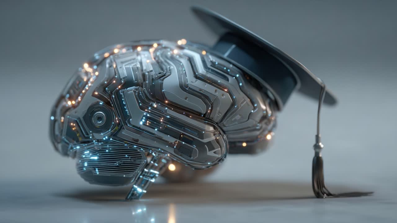 A futuristic depiction of a robotic brain adorned with a graduation cap, symbolizing the fusion of technology and education in modern learning environments