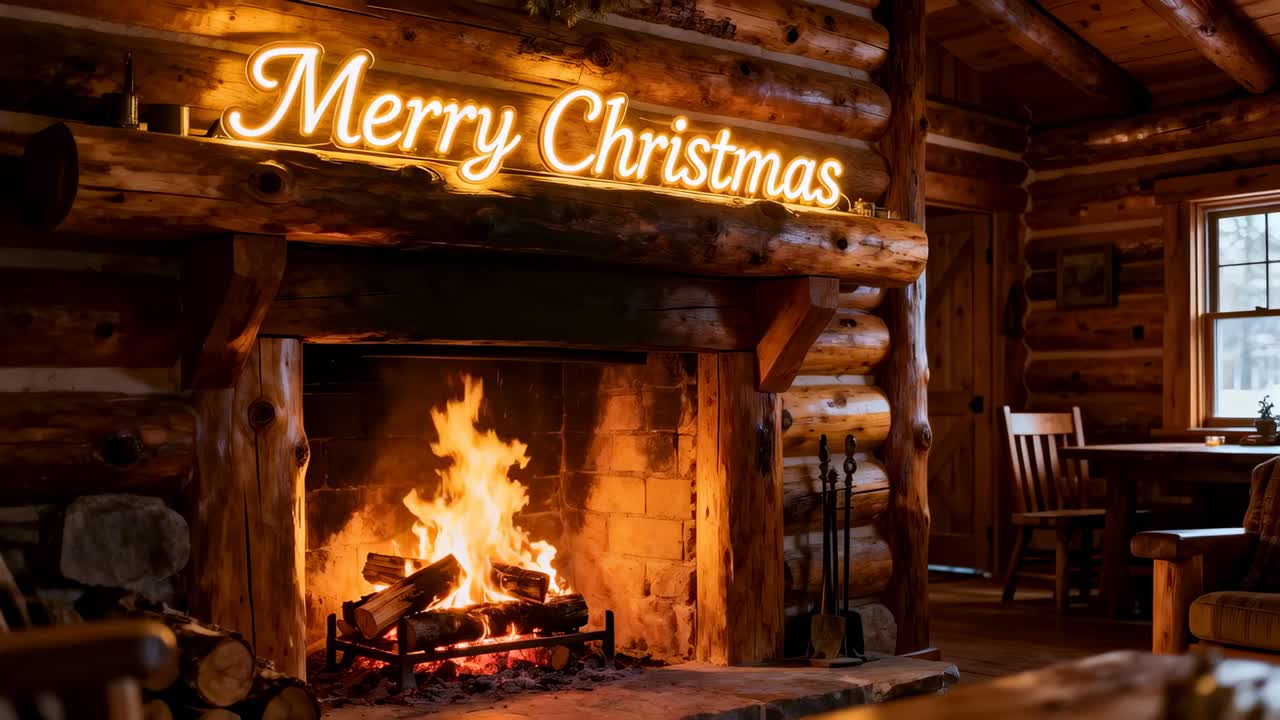 Starting neon animation, sign tilting left on cabin mantel, fireplace flickering for festive cheer