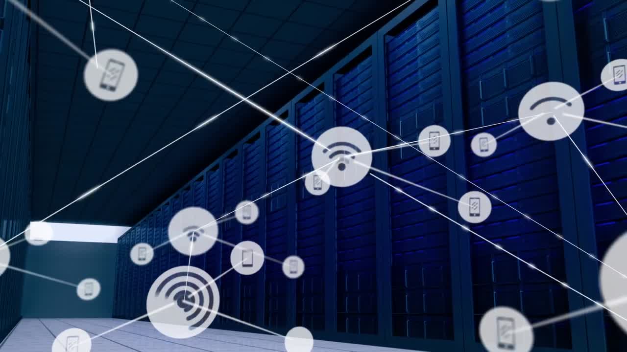Animation of network of connections with icons over server room