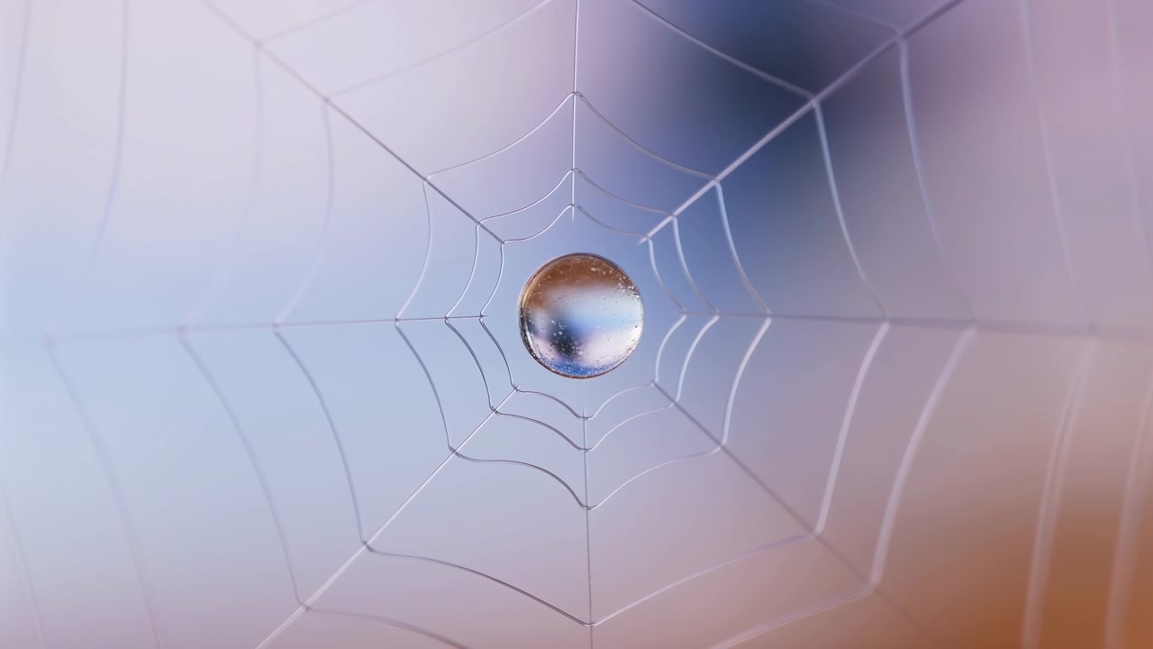 Close-up straight-on view of single spherical water droplet held by fine spider web strands, glowing in soft pastel light with smooth bokeh, fragile texture, centered balanced composition