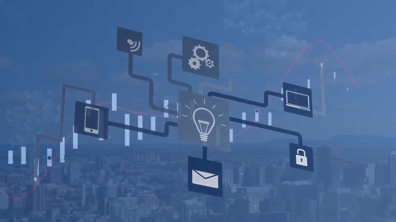 Animation of network of connections with icons and statistics over cityscape