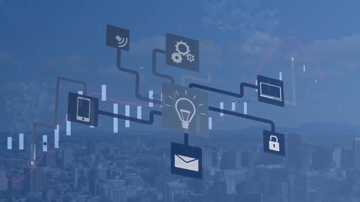 Animation of network of connections with icons and statistics over cityscape