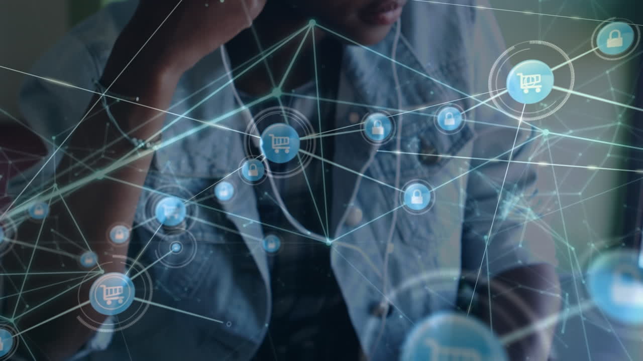 Animation of network of connections with icons over african american teenage girl using smartphone