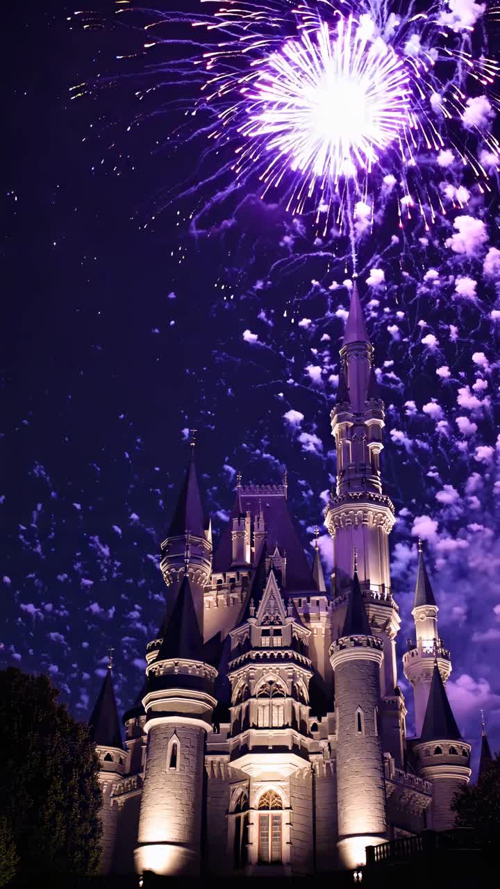 Un maestoso castello sotto un cielo notturno, illuminato da vivaci fuochi d'artificio