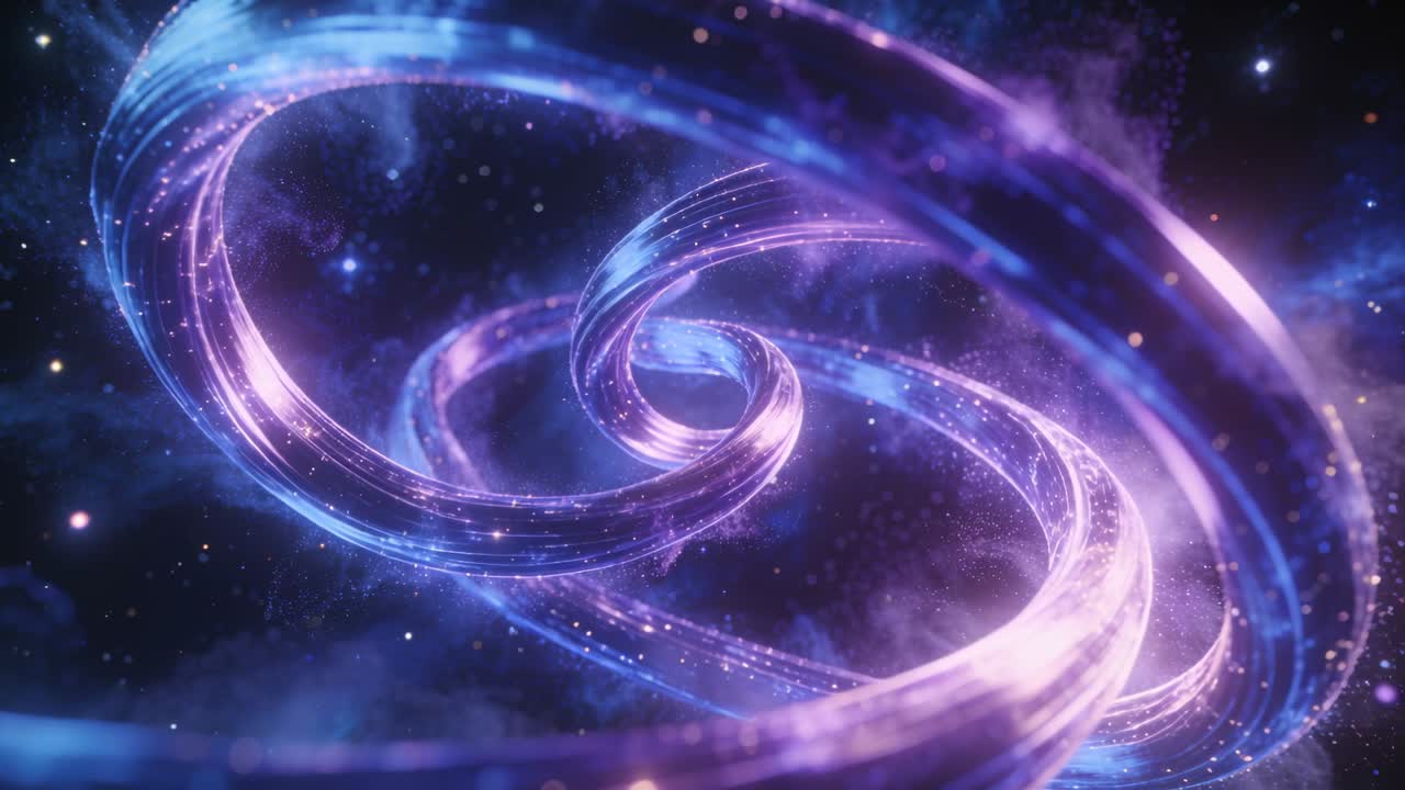 Twin ribbon spirals rotating in nebula, camera zooming, starting knot tightening for motion design