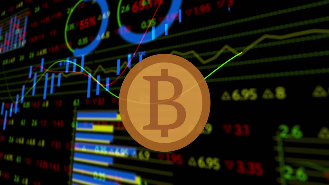 animación de bitcoin sobre el procesamiento de datos financieros en fondo negro